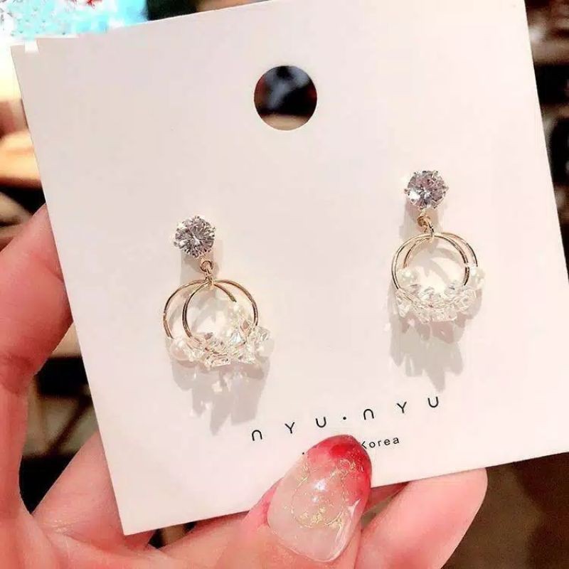 FerenHongXia anting tusuk mutiara kristal bahan metal gaya korea