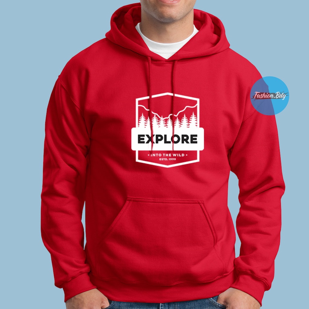 Sweater Hoodie Pria Adventure Explore Into The Wild Black Navy Grey Merah