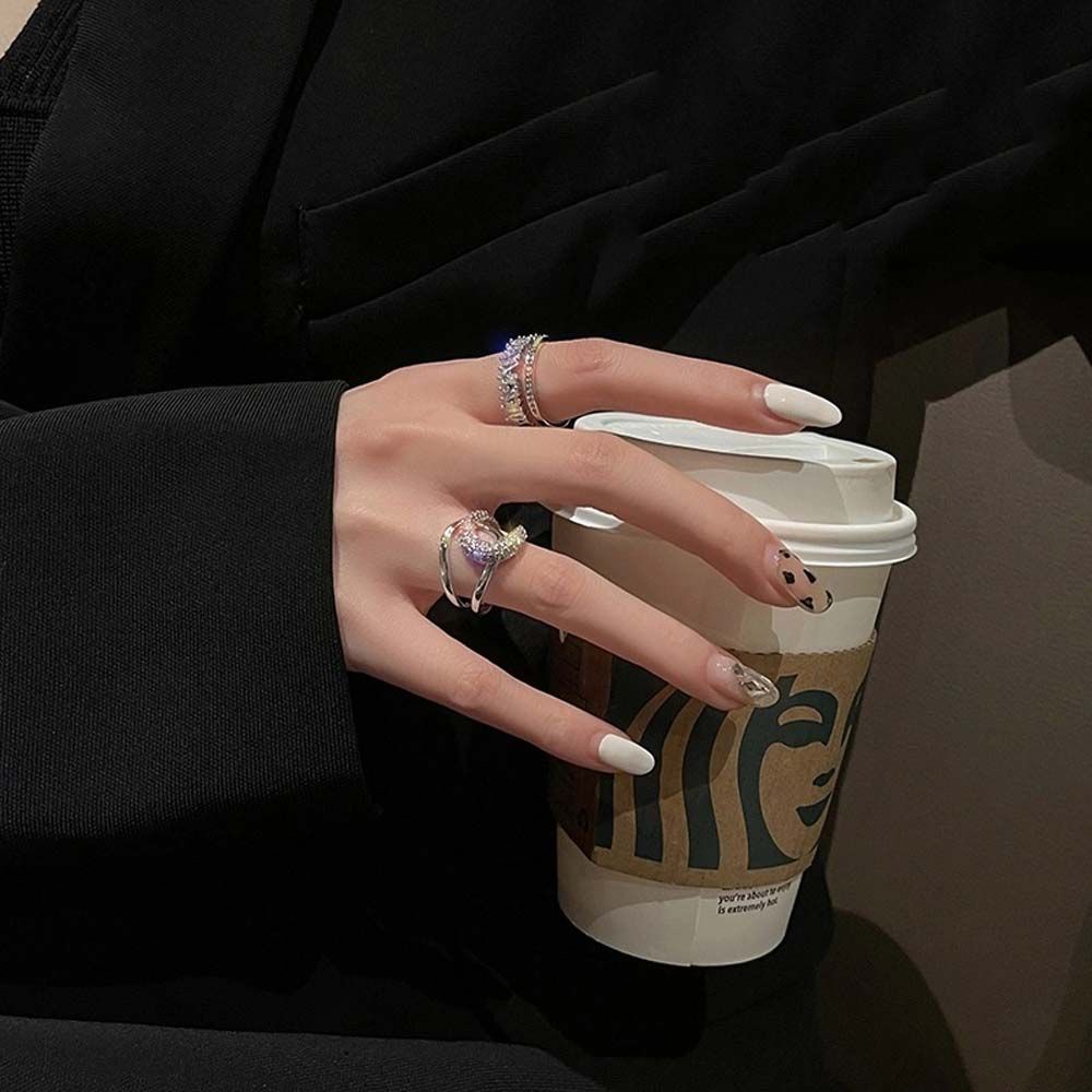 Cincin Zircon Berlian Imitasi Bentuk Lingkaran Ganda Tidak Teratur Gaya Korea Untuk Wanita