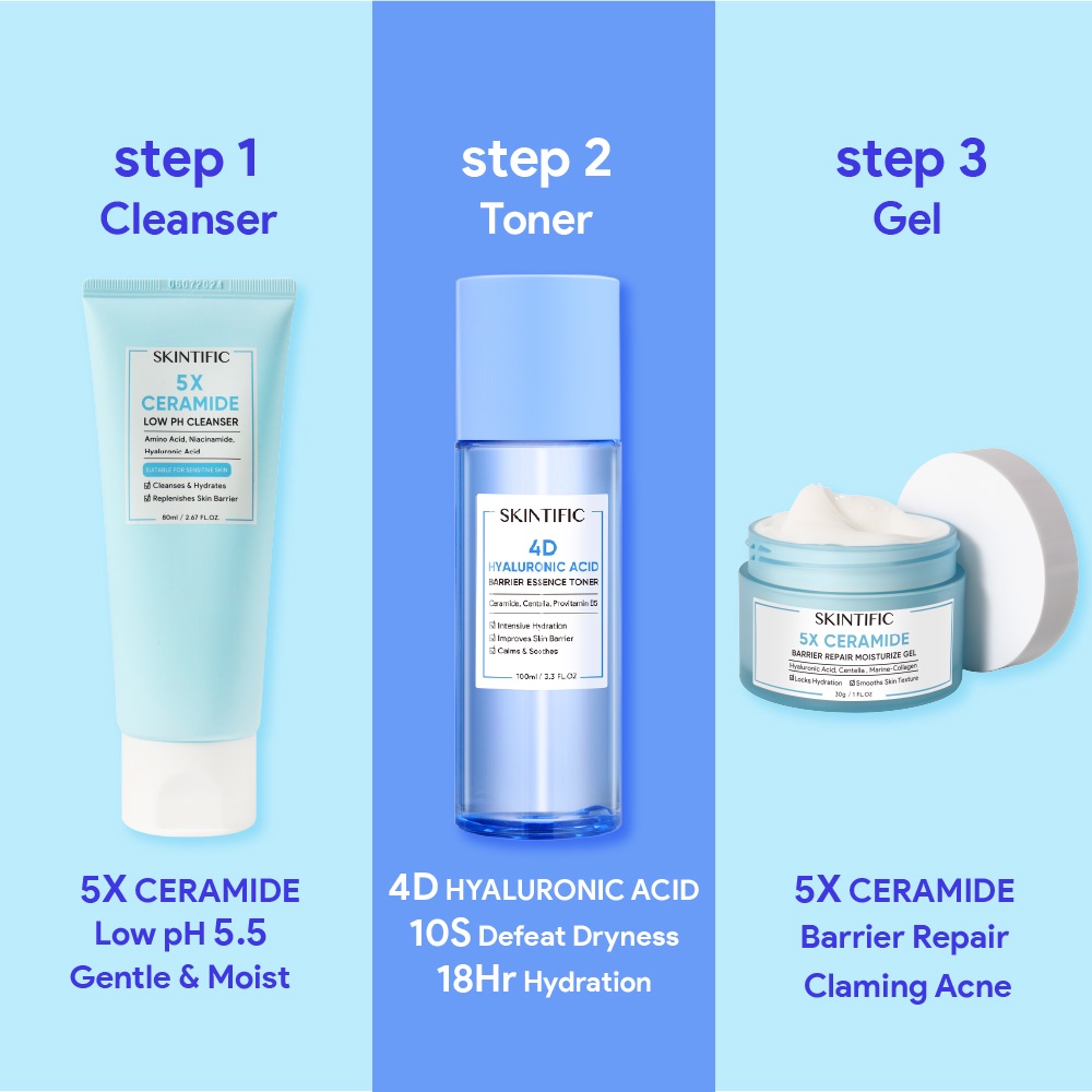 SKINTIFIC Low pH Cleanser /5% Ceramide Moisture Gel /4%HA Essence Toner Suit for sensitive skin