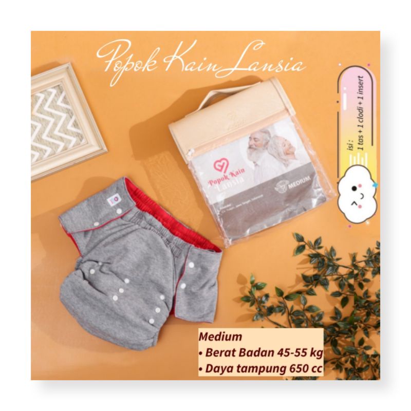 Clodi Yuspin Lansia Medium Size Antibacterial Silver Plus Model Snap atau Popok Kain Kancing Lansia