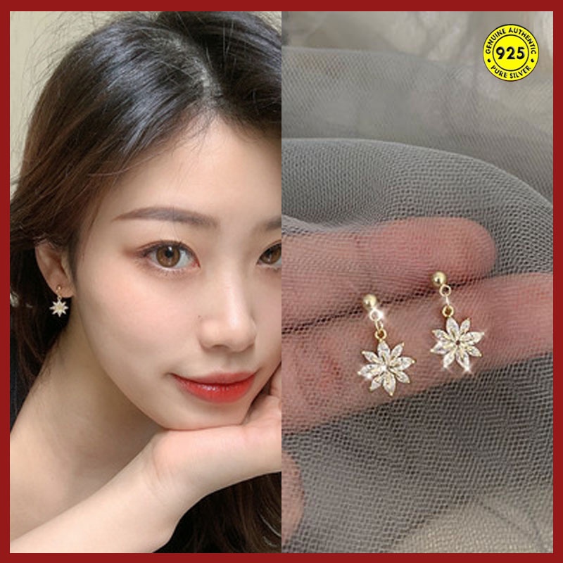 Anting Tusuk Sterling Silver 925 Lapis Emas 18K Desain Bunga Aster Hias Zircon AAA Untuk Wanita