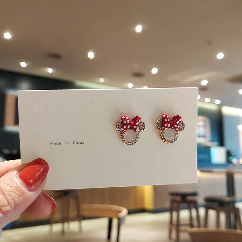 Lucu Busur Merah Kartun Beruang Anting Wanita Korea sparkle Berlian Aksesori Telinga