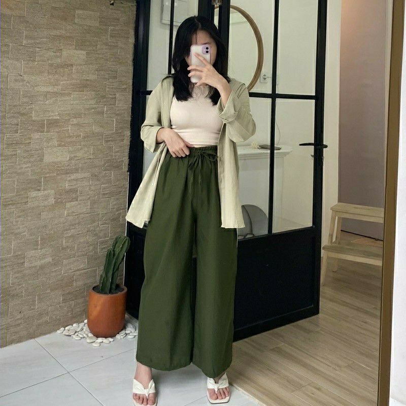 Celana KULOT LINEN All Size Pinggang Full karet model Highwaist Pakai Tali