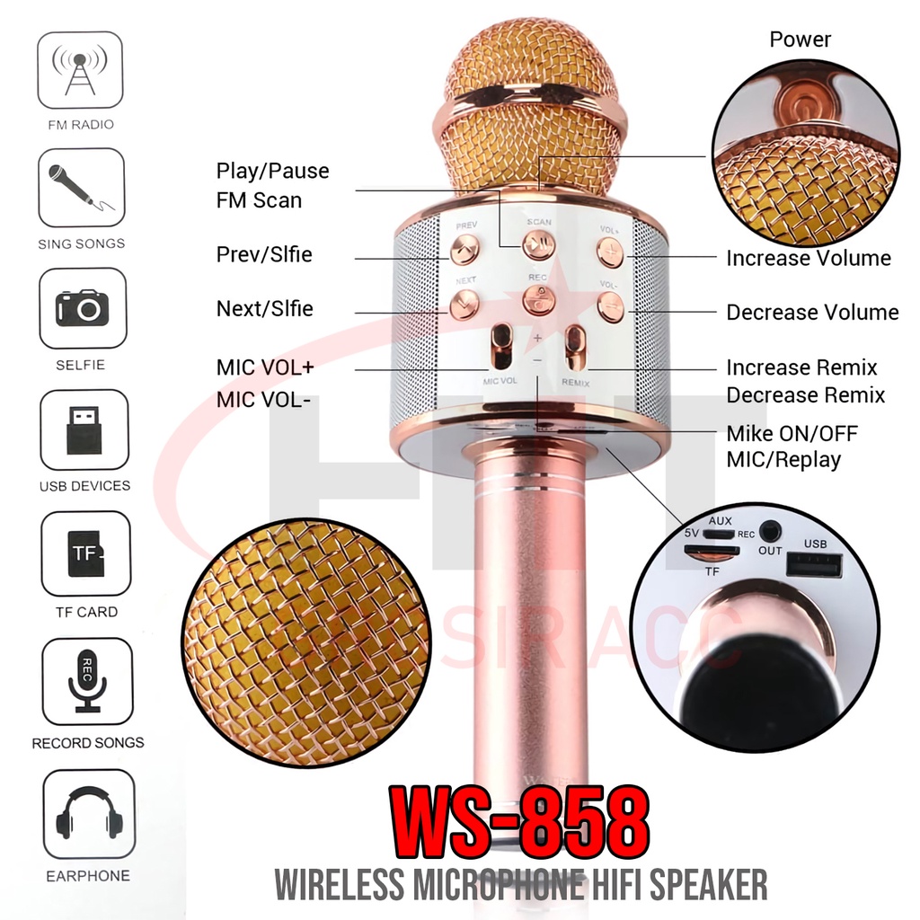 Speaker Microphone Karaoke Mikrofon Wireless Bluetooth WSTER WS-858 Mic Smule