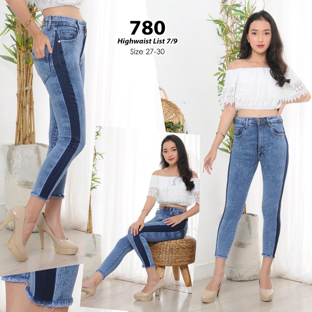 ( Bisa COD ) MC girl Highwaist List Jeans 7/9 Wanita / Celana Jeans Pinggang Tinggi List Samping 7/9