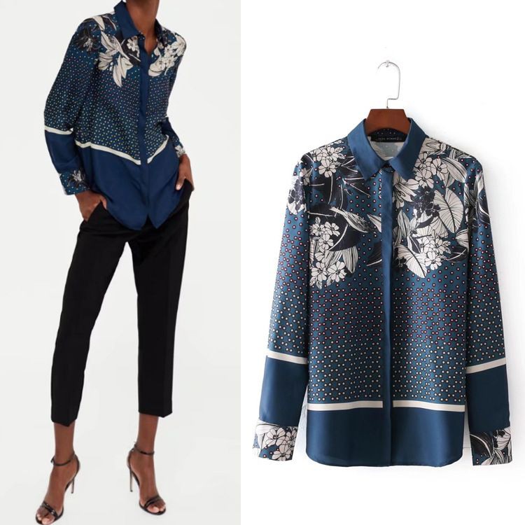 NL476- BAJU ATASAN WANITA BLOUSE KEMEJA IMPORT BIRU MOTIF BUNGA