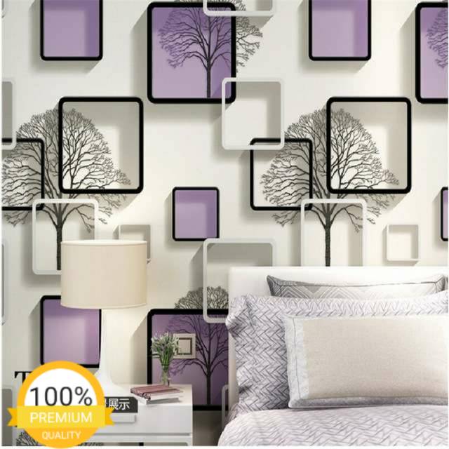 Grosir Murah Wallpaper Stiker Dinding putih 3d kotak ungu pohon beringin