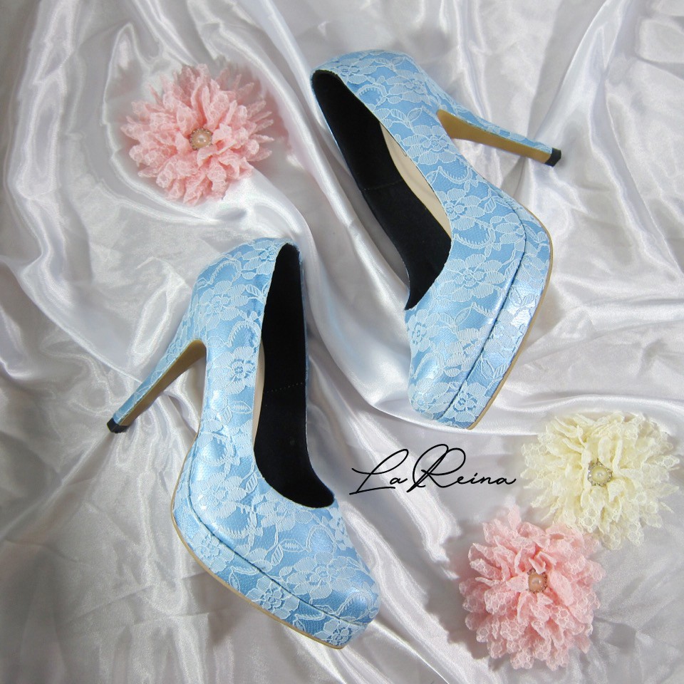La Reina High Heels Lace Shoes Brukat Ice Blue