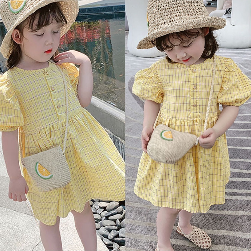 Dress Anak Perempuan Kuning Kotak Lengan Balon