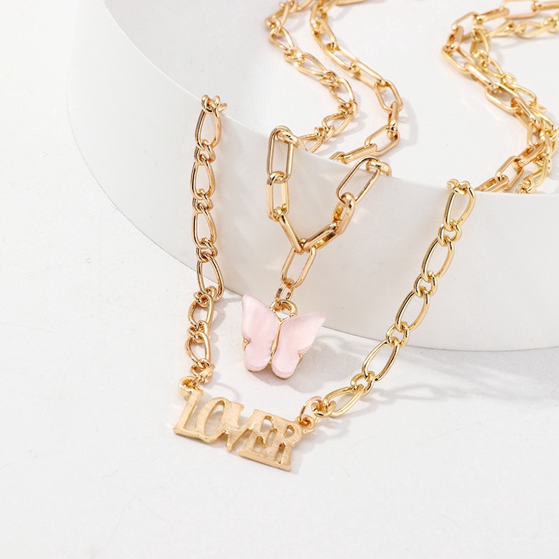 Kalung Rantai Emas Ganda Desain Tulisan Butterfly Untuk Aksesoris Perhiasan Wanita