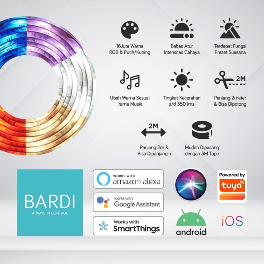 BARDI Smart LED Strip 2M RGB Lampu Pintar Wireless IoT Home Automation