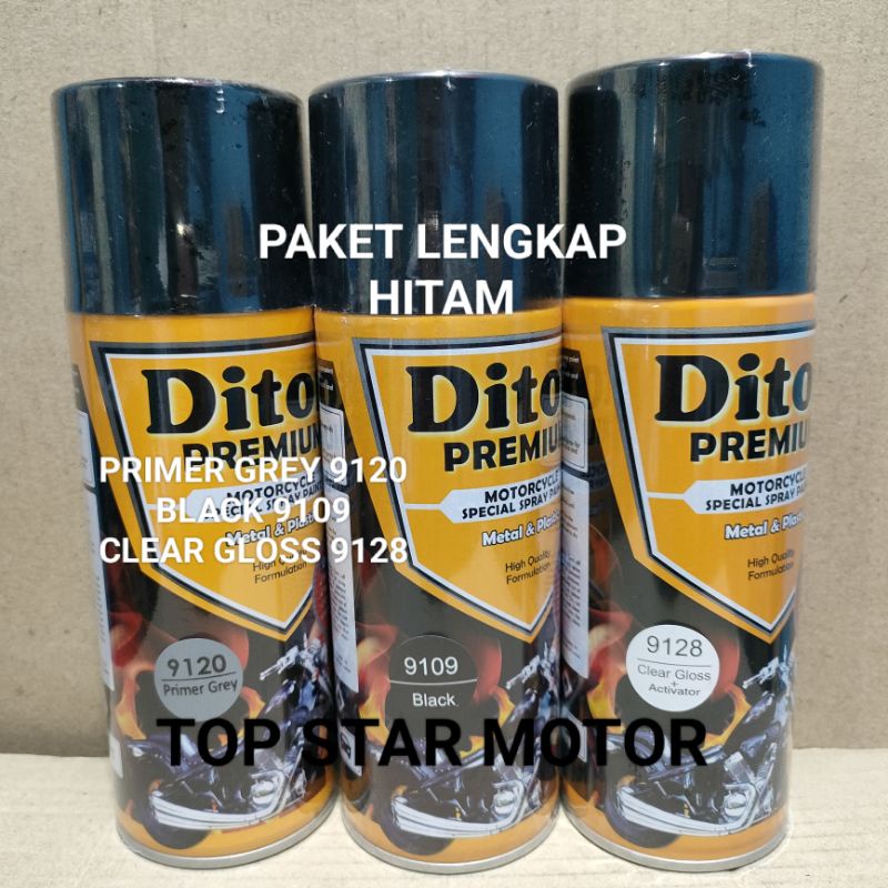 Pilok Paket Lengkap Cat Diton Premium Primer Grey 9120 Black 9109 Clear Gloss 9128 400cc.. Pilok Paketan Black Cat Semprot Diton Premium 400cc