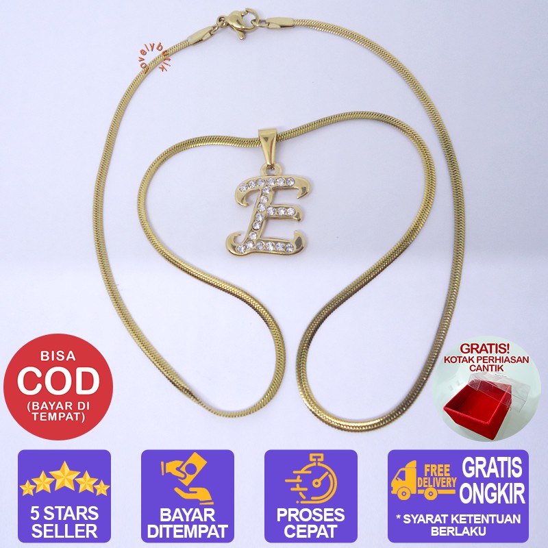 Lovelybutik Honey Kalung Huruf Titanium Anti Karat Inisial E Uk 45 cm BONUS KOTAK PERHIASAN