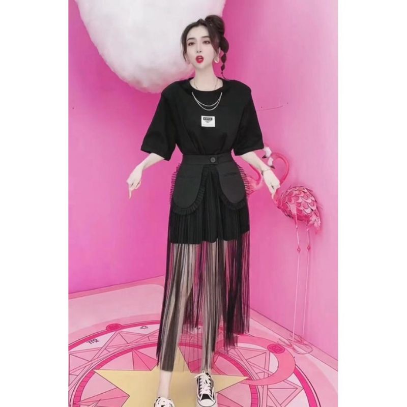 SET WANITA IMPORT KOREAN / SET KAOS OVERSIZE N MIDI ROK TUTU TILE