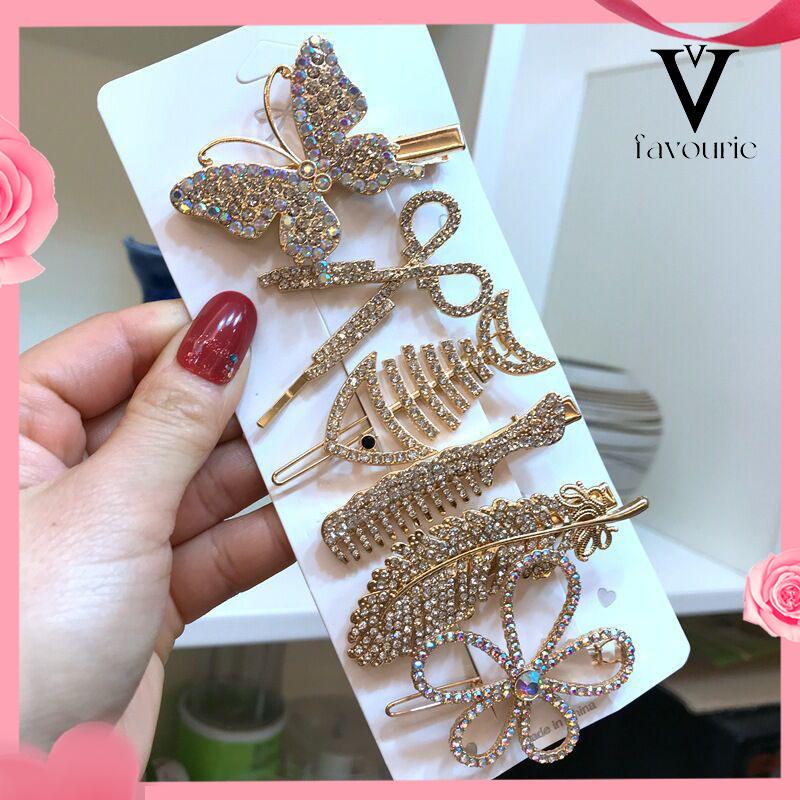 [COD]Fishbone Hairpin 6-Piece Set Aksesoris Rambut Vintage Set Dengan Diamond Pearl Edge Clip Bebek Paruh Clip-FA