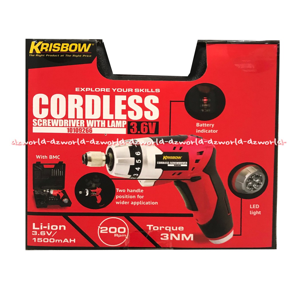 Krisbow Cordless Screwdriver 200Rpm Bor Tanpa Kabel dengan lampu LED