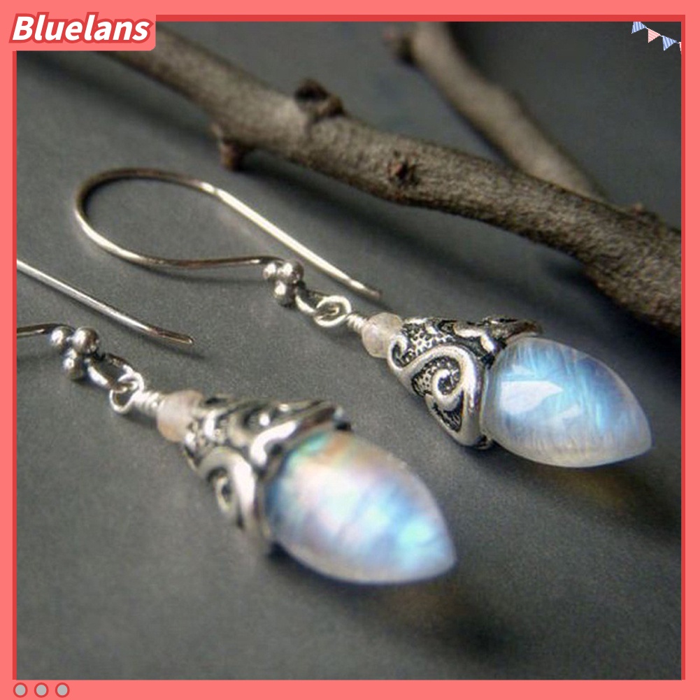 Bluelans Anting Kait Gantung Wanita Bentuk Kerucut Hias Moonstone Imitasi Gaya Retro Untuk Pesta