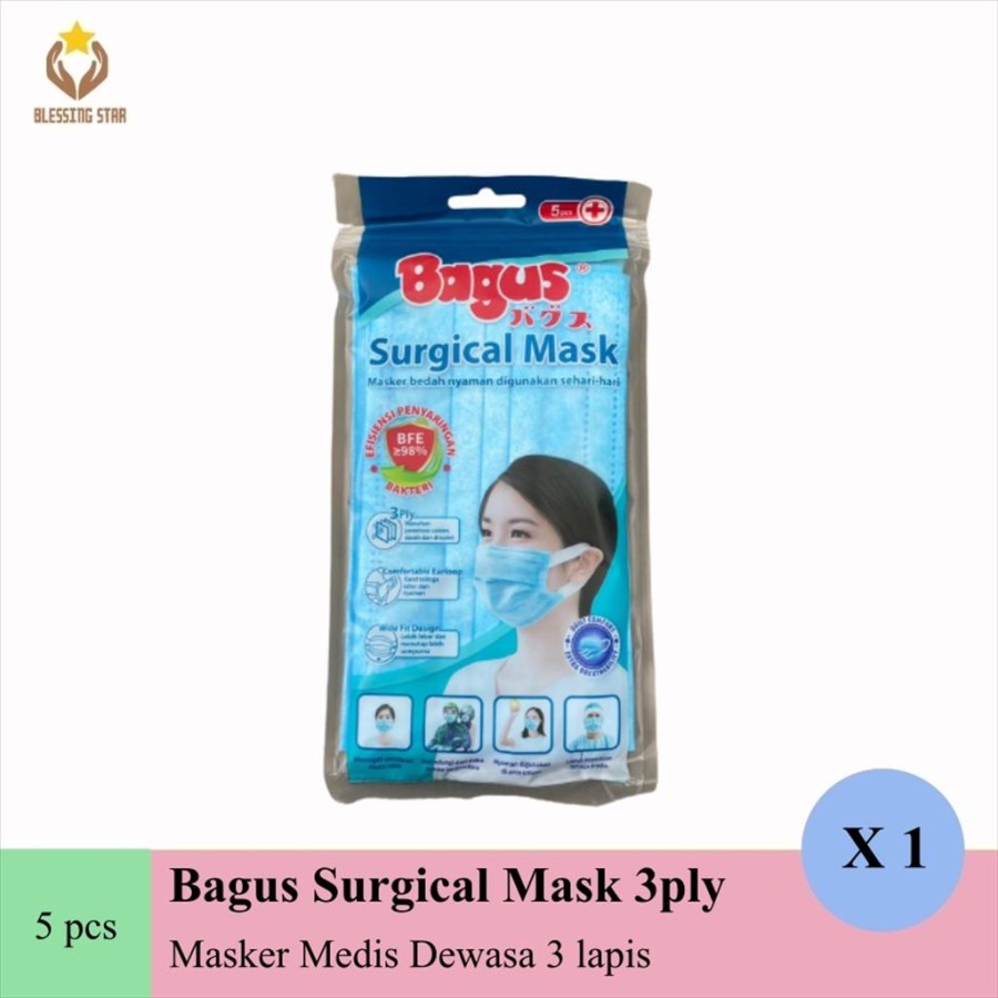 Bagus Masker medis dewasa isi 5pcs surgical mask 3 ply / lapis