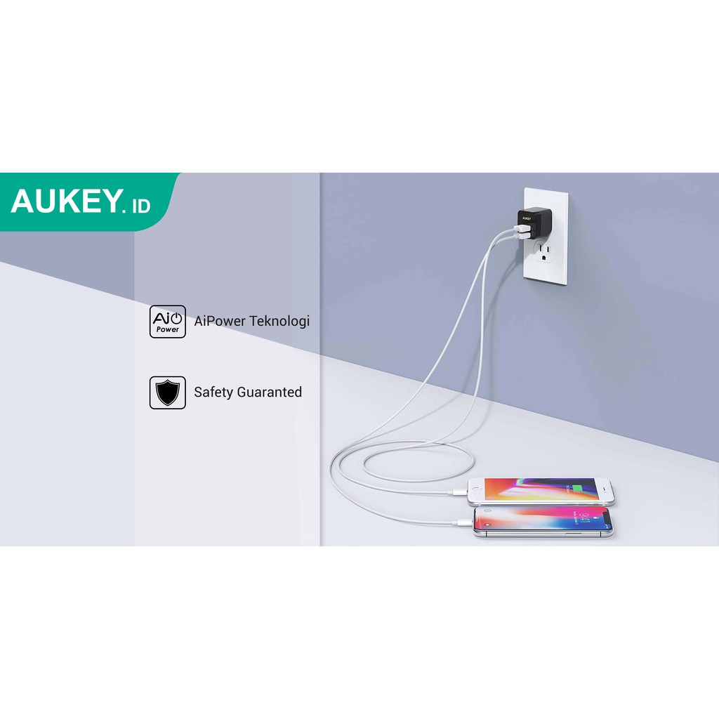 AUKEY PA-U32 - Mini Dual Port USB 4.8A Wall Charger with AiPower - Charger USB 2 Port - Total 4.8A