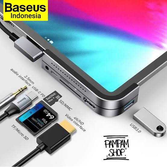 BASEUS ORIGINAL Hub Bend Angle Type C to USB 3.0 HDMI SD 3.5MM Jack 4K 7 in 1 Macbook Ipad