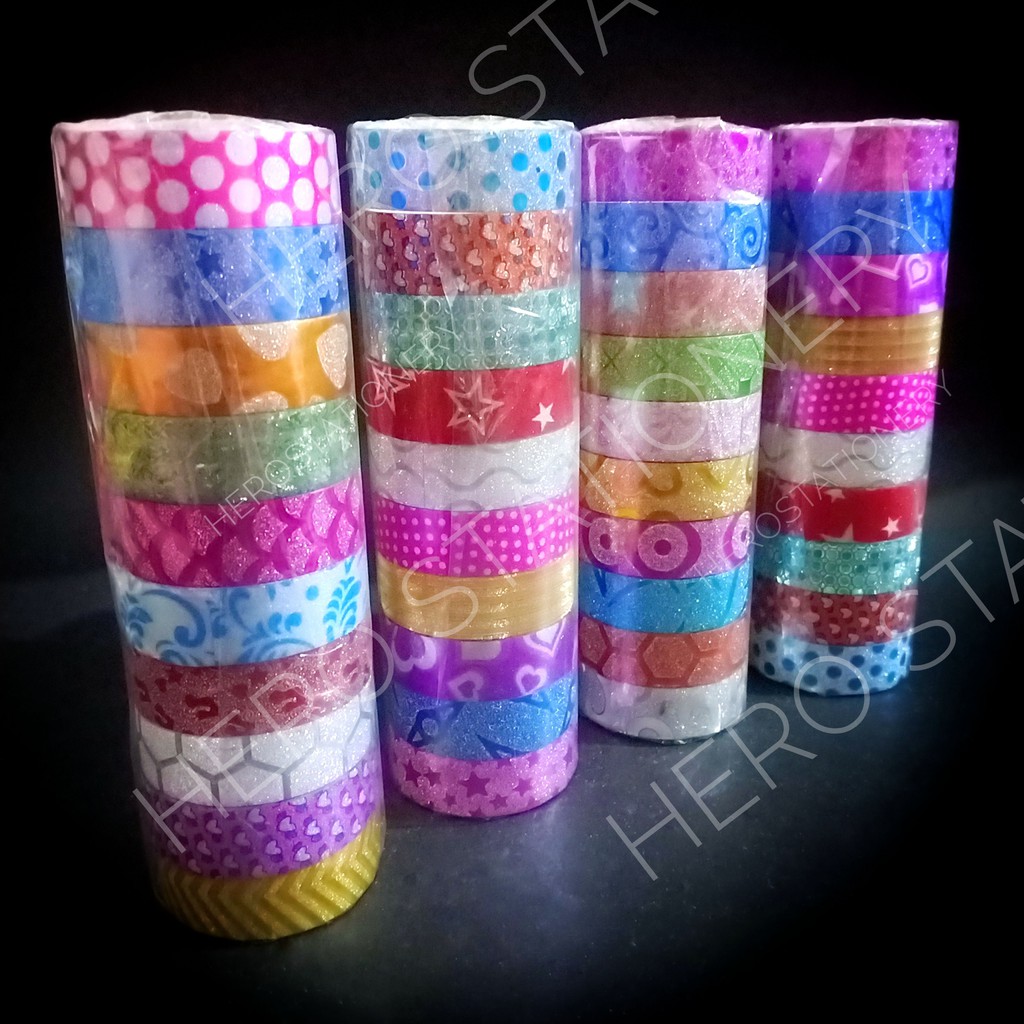 

Selotip solatip isolasi plester glitter gliter warna 0.5 inch tebal gulungan 2 mm . 10 roll