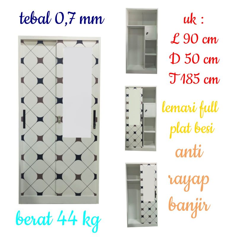 lemari baju pakaian besi 2 pintu sliding kaca cermin