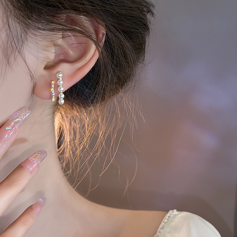 Anting Emas Ganda Aksen Mutiara Kristal Untuk Aksesoris Perhiasan Wanita