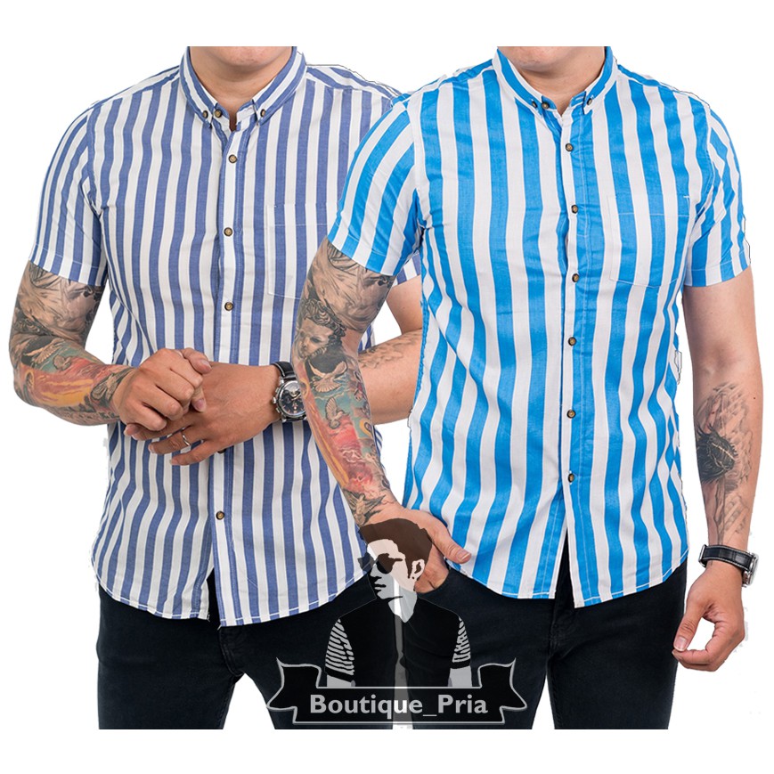 KEMEJA PENDEK SALUR WARNA BIRU PUTIH-BAJU PRIA GARIS GARIS NAVY