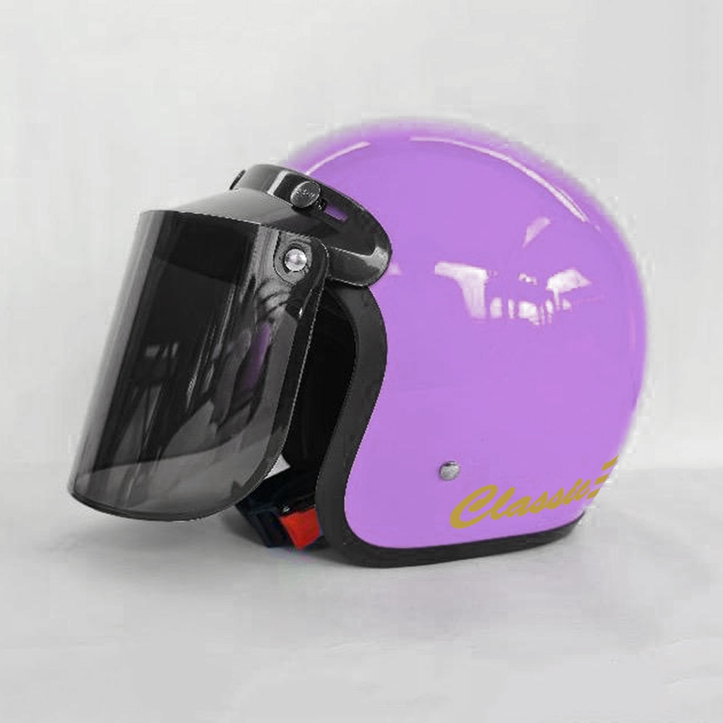 HELM BOGO DEWASA CLASIC GARIS DEWASA POLOS GARIS KACA FLAT DATAR DAN KACA CEMBUNG-lavender glos