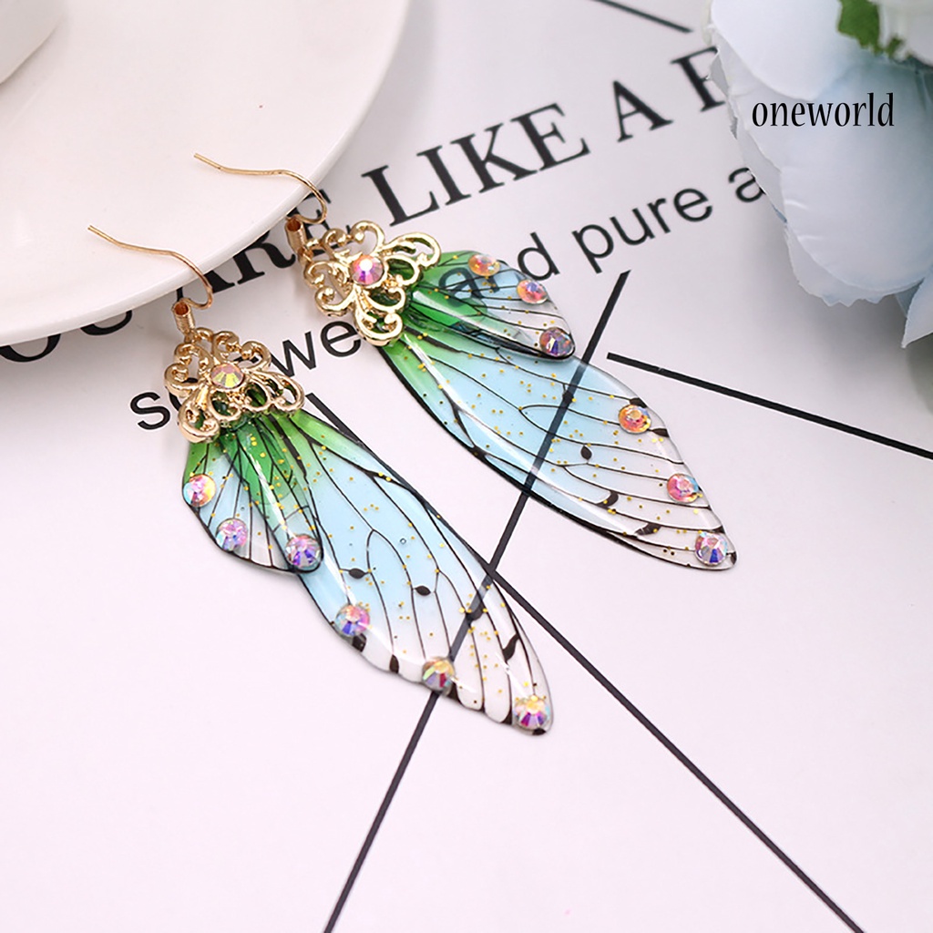 OW# Colorful Butterflies Wing Shape Drop Earrings Women Simulation Rhinestone Dangle Hook Earrings Jewelry Accessory