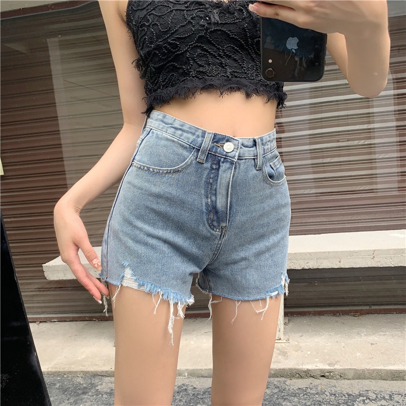 Hot pants jeans wanita sobek celana pendek high waist wanita ripped jeans cewek kekinian 2023