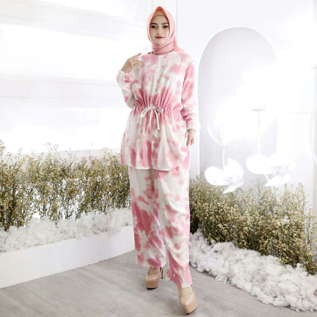 Baju Setelan liken busana wanita muslim lengan panjang dan celana  panjang bahan rayon real pic