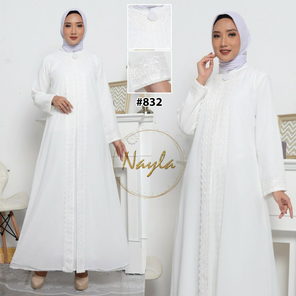 NAYLA Baju Gamis Putih Wanita Gamis Pesta Busana Muslim Brukat Lebaran Umroh Terbaru 832