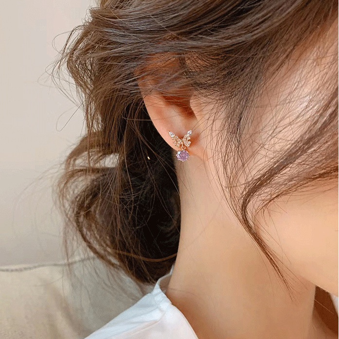 Anting Stud Desain Kupu-Kupu Lukisan Minyak Berlian Bahan S925 Silver
