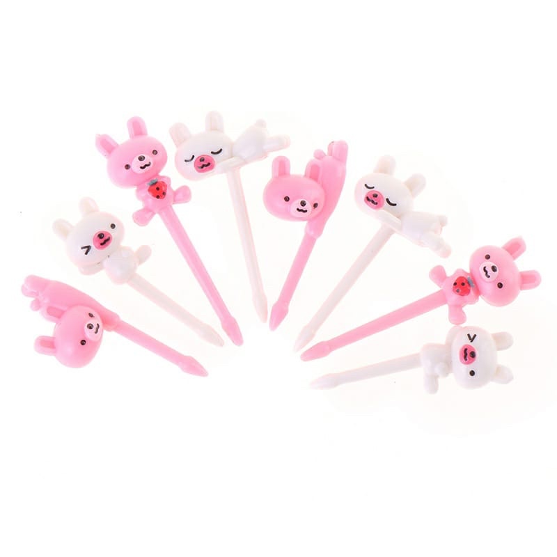 Garpu Buah Mini Set Kartun Pink Bunny - Garpu Bento Buah Motif Animal Pink Bunny