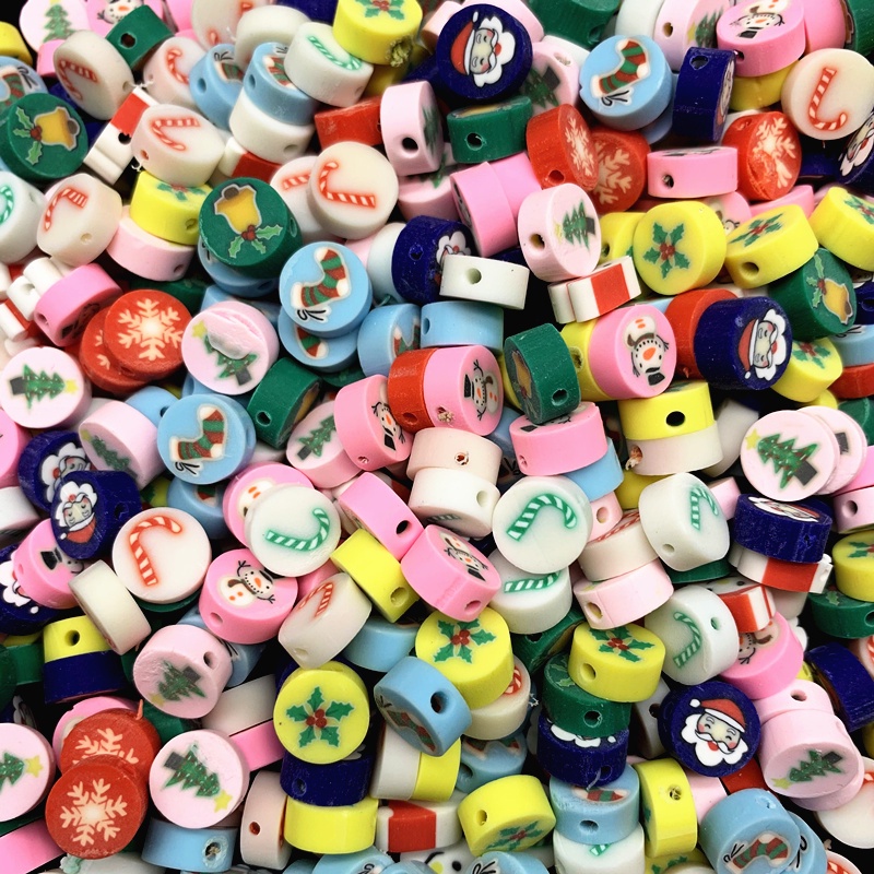 30pcs / Lot 10mm Manik-Manik Polymer Clay Tema Natal Untuk Membuat Perhiasan Diy