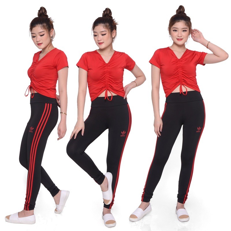 Setelan Senam aerobik zumba yoga gym fitness model crop serut+Legging ADS garis