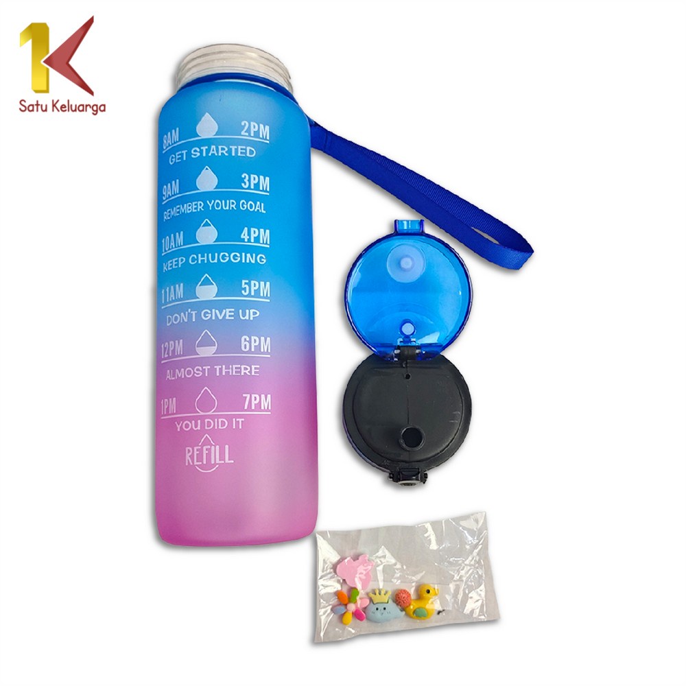 Satu Keluarga Botol Minum 1 Liter C407 Gradasi Tumbler Olahraga Sport Unik Botol Motivasi Thumbler Penanda Waktu BPA FREE-5