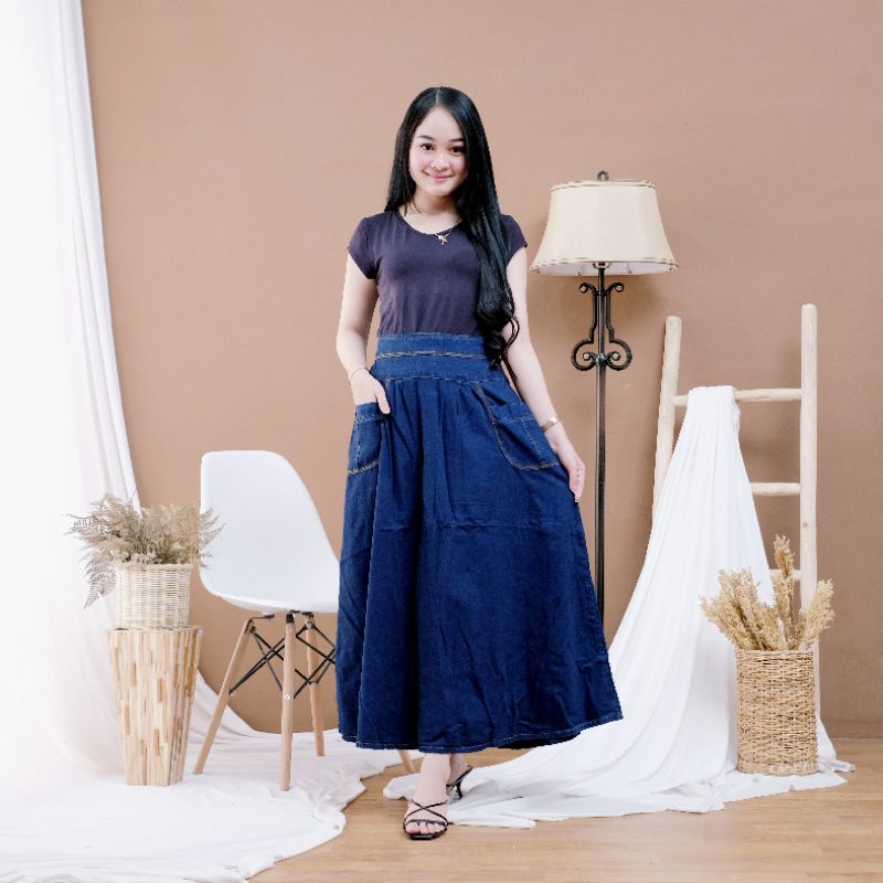 Rok Dewasa / Rok Jeans Wanita / Rok Panjang Dewasa / Rok Denim Panjang / Rok Panjang Wanita