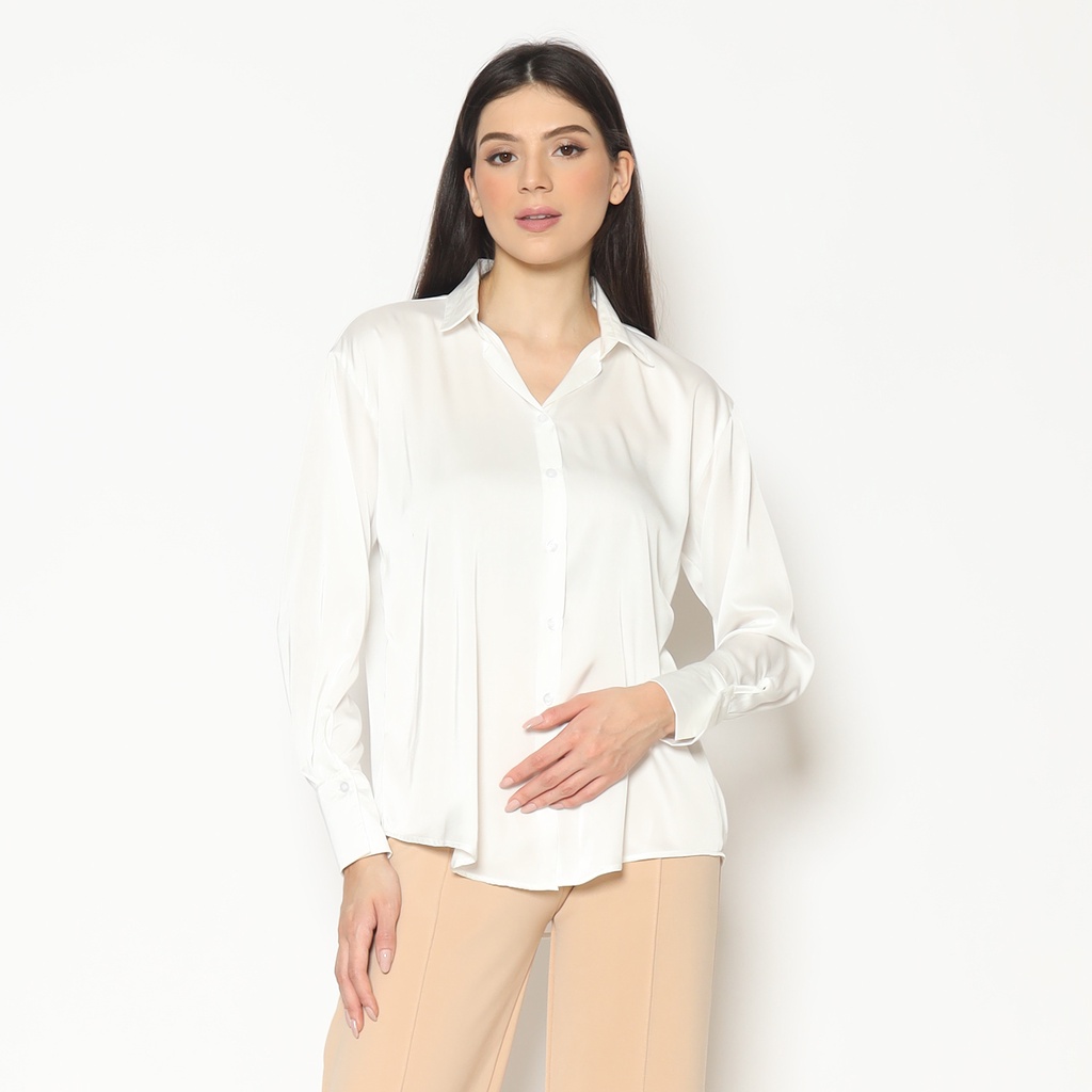 Kemeja Blouse Wanita V-Neck Silk Blouse Plain Lengan Panjang Kemeja Blouse Atasan Wanita Korean Style