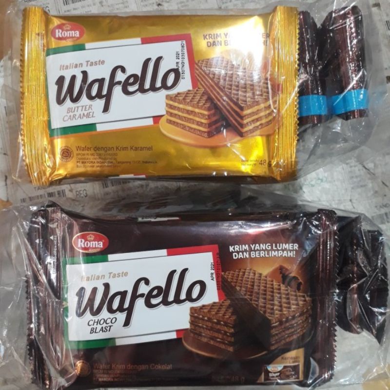 

ROMA WAFELLO WAFER DENGAN KRIM CHOCO BLAST BUTTER CARAMEL ZUPERRR KEJU CHOCO SUSU 48 G ISI 10 PCS