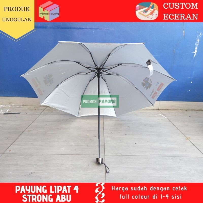 [ custom eceran ] payung lipat 4 strong abu muda anti angin lapis silver dengan cetak full colour