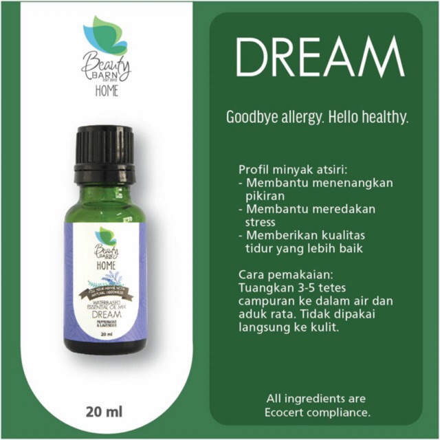 Beauty Barn Home Aromatherapy Dream 20ml Aromatherapi Melegakan Pernapasan