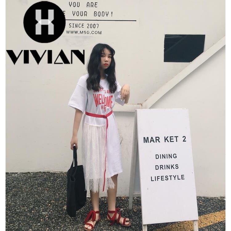 ?VIVIAN?Dress Kaos Sambungan Mesh Midi Asimetris Motif Print Gaya Korea untuk Wanita