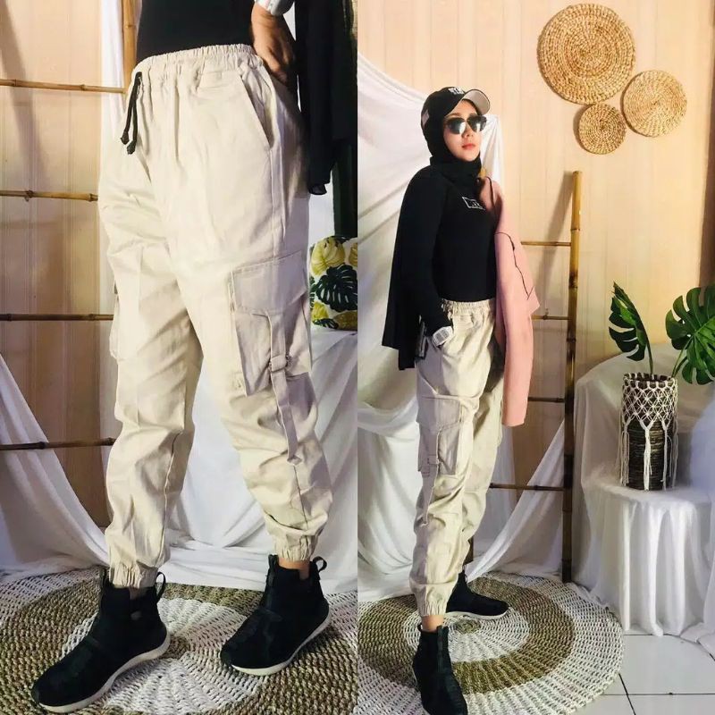 Celana wanita cargo Murah / Bawahan Stylish Jogger Cewek Modis Kekinian BISA BAYAR DITEMPAT(COD)-Cream