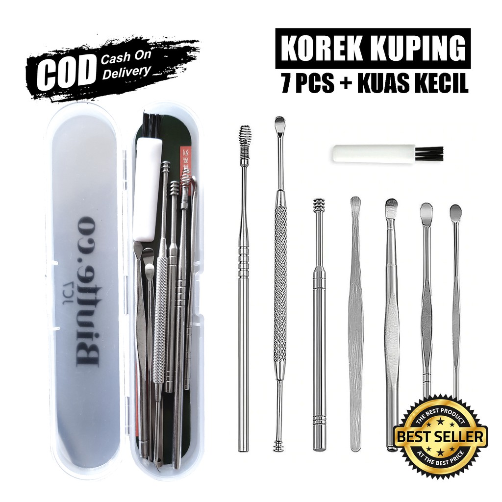 Korek Kuping Stainless Steel Anti Karat Alat Pembersih Telinga Set 7 PCS + Brush