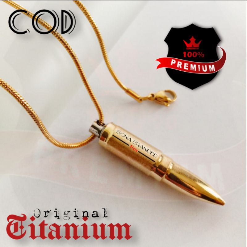 Kalung titanium gold bulat plus Bandul peluru tabung [ Gold]