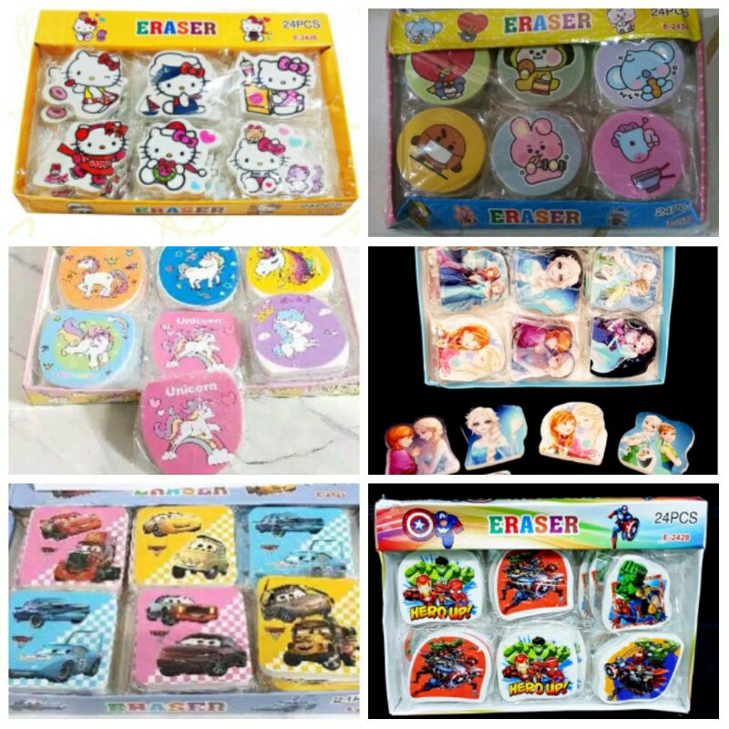 

Penghapus karakter per pcs / Penghapus unicorn, little pony, frozen, hello kitty, snoopy, superhero, BTS, cars