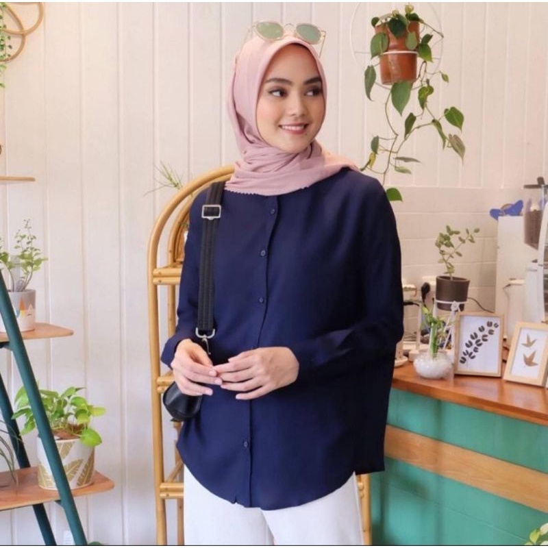 Kemeja wanita Putih Baju Kemeja Wanita Casual Hem Polos Cewek Kerja Kantoran Kuliah Kekinian Terbaru-Navy